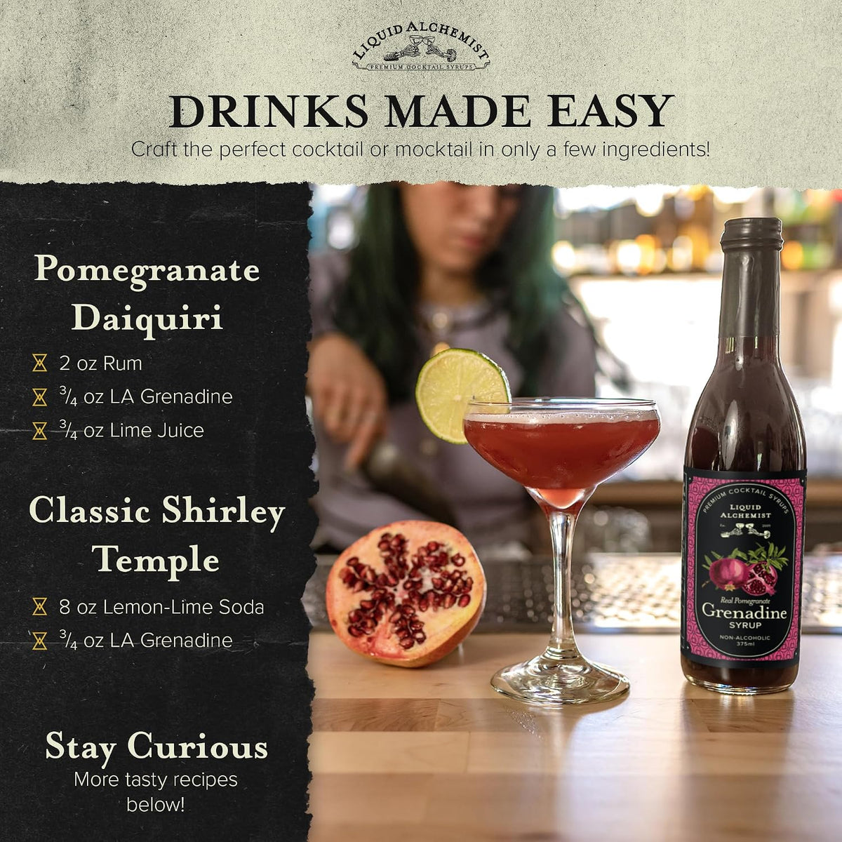 Liquid Alchemist Grenadine Syrup for Cocktails | Real Ingredients Make our Pomegranate Syrup for Drinks the Perfect Shirley Temple Mix | Small Batch, Non-GMO &amp; Vegan | 12.7 oz Drink Mixer, Pack of 1
