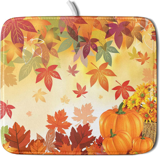 Autumn Fall Dish Drying Mat for Kitchen Counter Pumpkin Maple Leaves Drying Mat 16 x 18 Inch with Absorbent Reversible