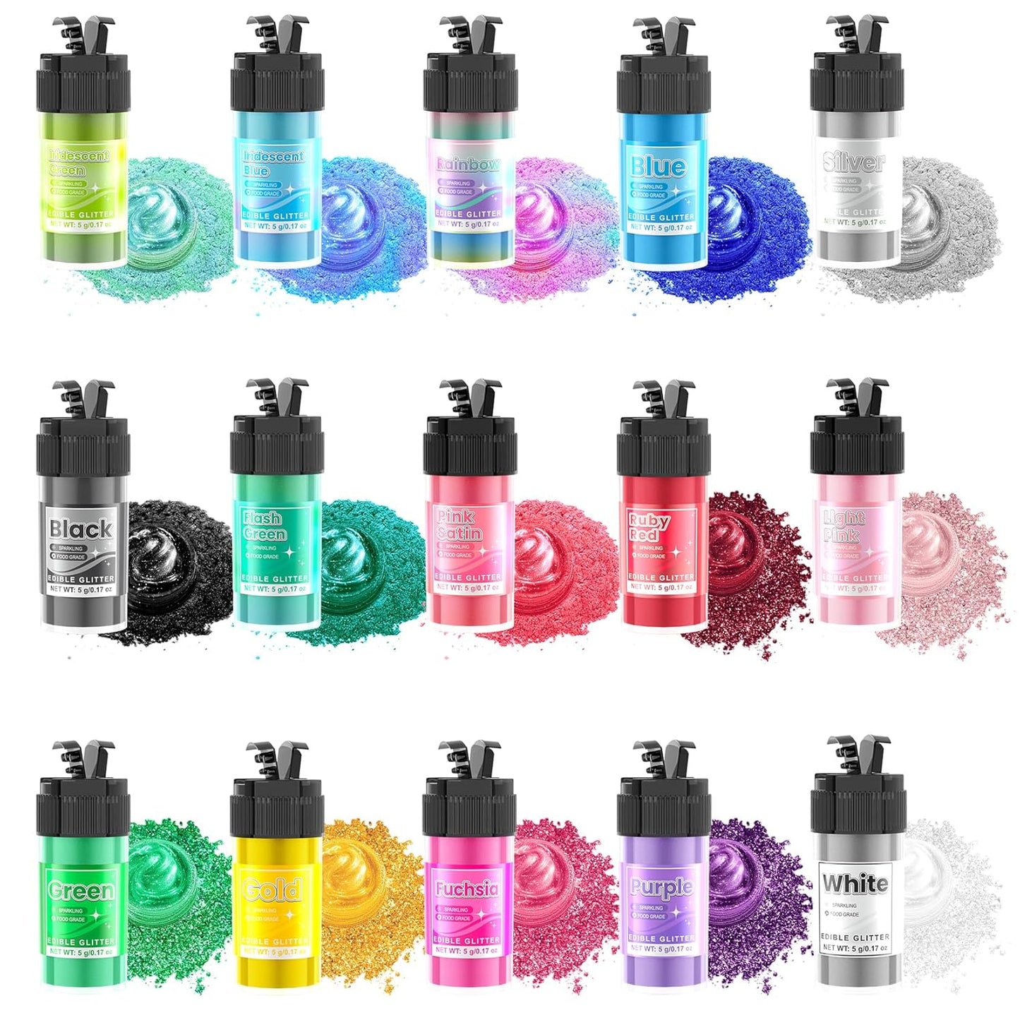 Edible Glitter - 15 Popular Colors Edible Glitter for Cocktails, Food Grade Luster Dust, Iridescent Shimmer Powder for Cake Decorations, Drinks, Baking, Dessert - 3 Particle Sizes - 5g/Bottle