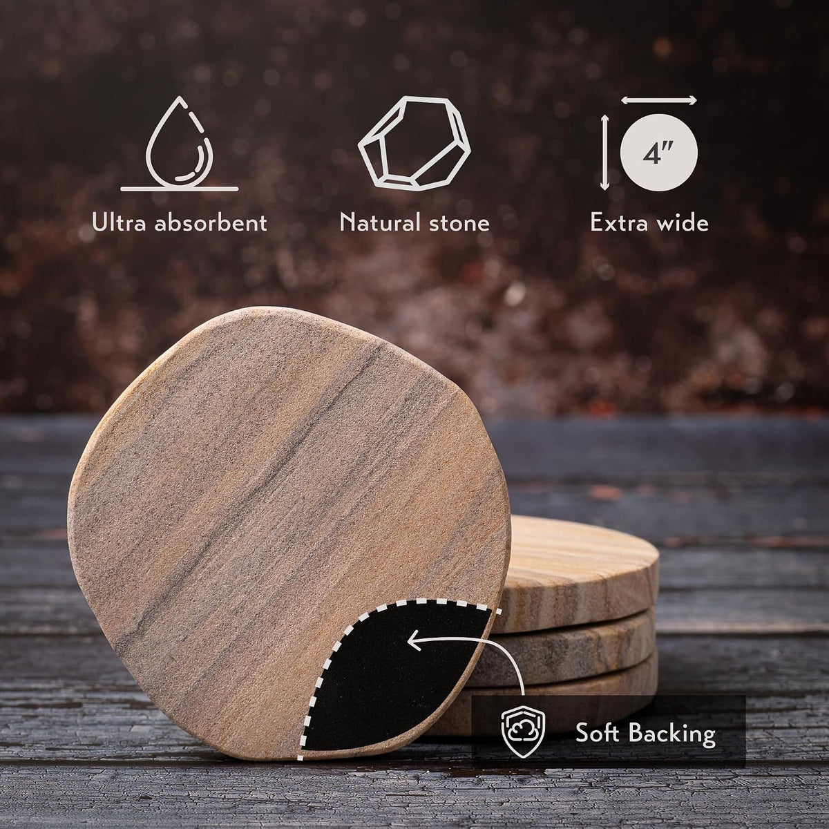 Cork &amp; Mill Absorbent Sandstone Coasters for Drinks, Set of 4 | Water Absorbing Natural Stone, 4 Inch Round with Irregular Edge, Ideal for Coffee Table, Outdoor, Bedroom Nightstand