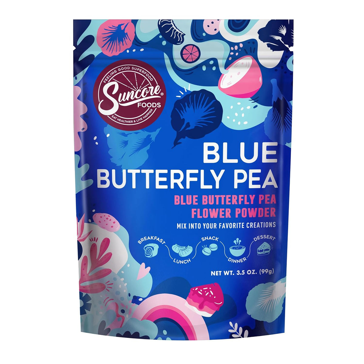 Suncore Foods Butterfly Pea Flower Powder 3.5oz | Gluten Free | Vegan | Natural Blue Food Coloring, Blue Tea for Color-Changing Drinks, Baking, Desserts, Smoothies, Craft, Non-GMO, Resealable Pouch