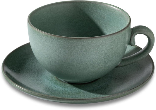 Cup and Saucer Set Turquoise Ceramic Cappuccino Mug Set of 1-10 oz Microwave and Dishwasher Safe, Perfect For Tea, Espresso,