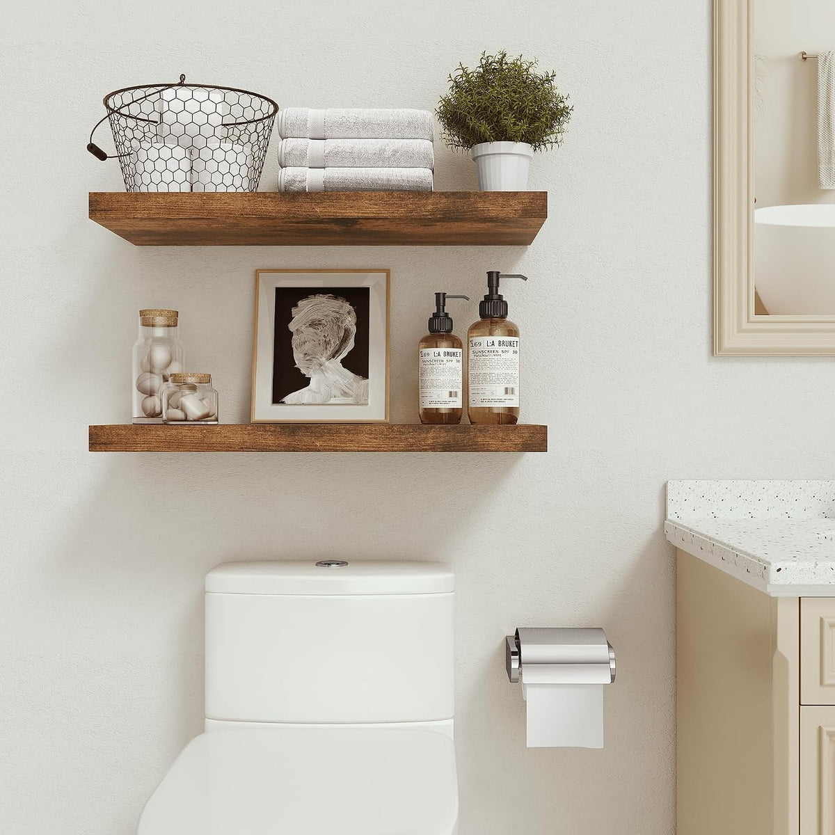 Vivelove Deep Floating Shelves for Wall 24 inches Set of 2, Rustic Brown