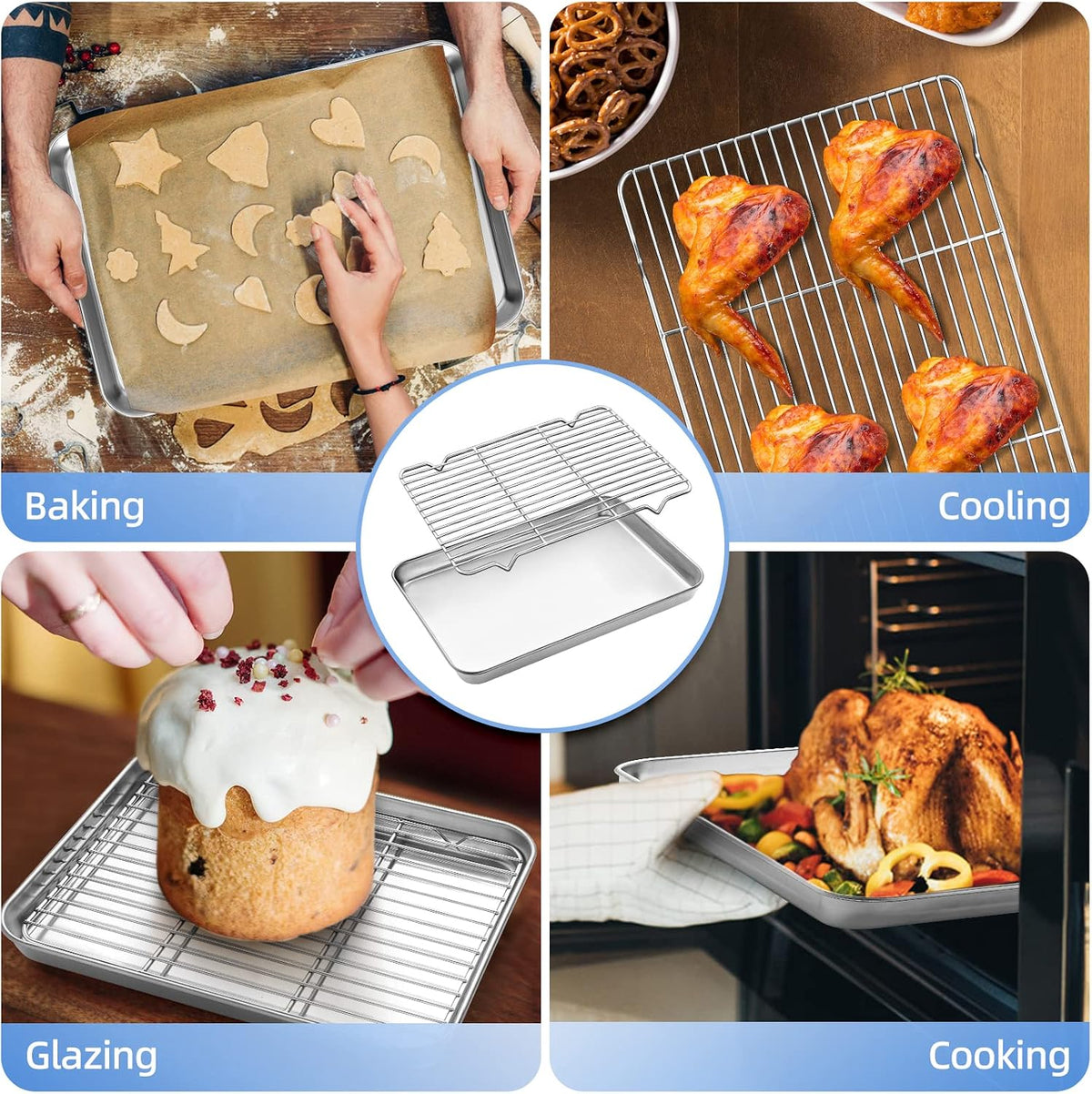 Baking Sheet with Cooling Rack (1 Cookie Sheet + 1 Baking Rack), Stainless Steel Small Baking Sheet Pan with Wire Rack, Toaster Oven Pans Size 10.4 x 8 x 1 Inch, Non-toxic &amp; Heavy Duty &amp; Non-stick