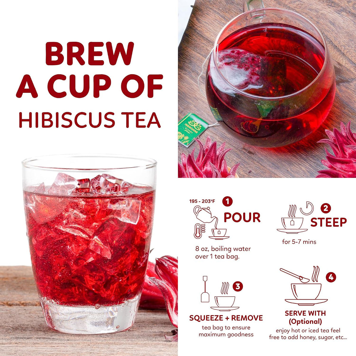 Indochine Blends Hibiscus Tea Bags, 100% Pure Hibiscus Flower, 50 Count | Jamaica Tea, Tart Fruity Flavor, Sugar-Free, Gluten-Free &amp; Vegan, Individually Wrapped, Double Chamber Teabags