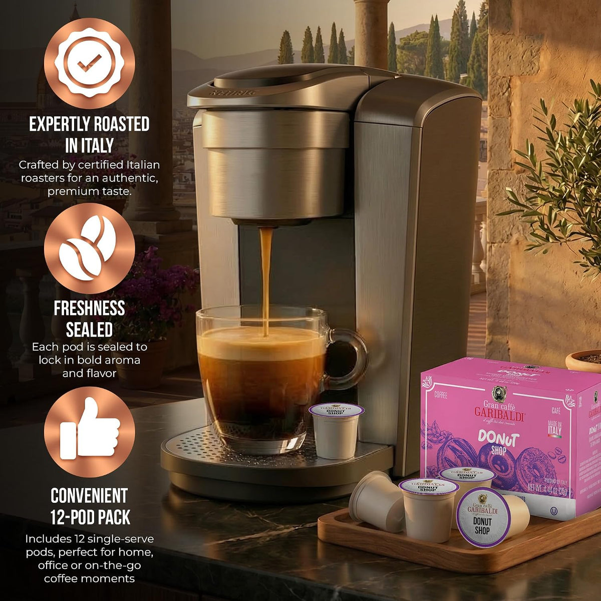 Caffè Garibaldi Donut Shop Coffee Pods, Light Roast, 72 Count Arabica Blend | Light Roast 100% Arabica Coffee Pods Compatible With Keurig K-Cup Brewers, Recyclable Single-Serve Capsules, 72 Count Box