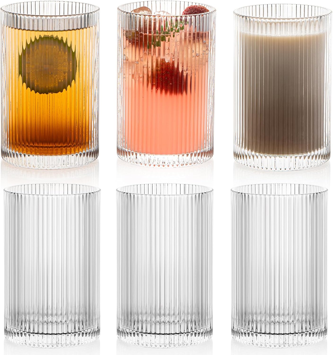 Vintage Ribbed Glassware Set: 6pcs 16.9oz XL Drinking Glasses, Fluted Ripple Drinkware, Origami Styl