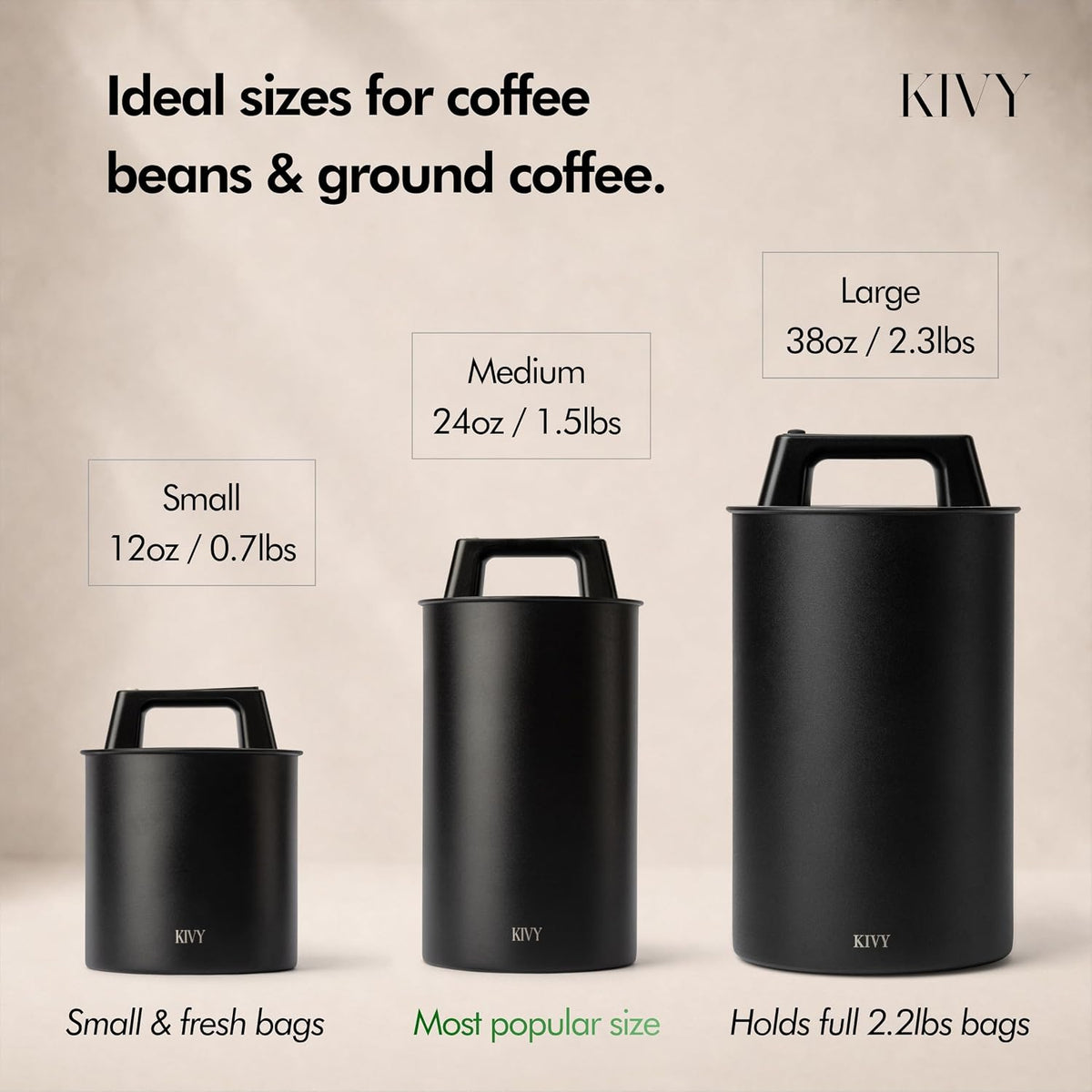 KIVY Vacuum Coffee Canister Large - Push Lid Preserves Coffee Aroma & Oil