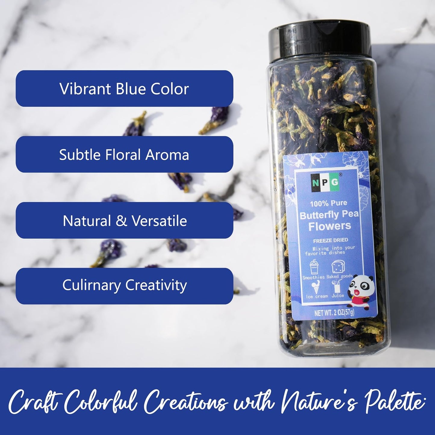 NPG Blue Butterfly Pea Flower Tea 2 oz, Whole Loose Flowers, Approx. 875 Ct