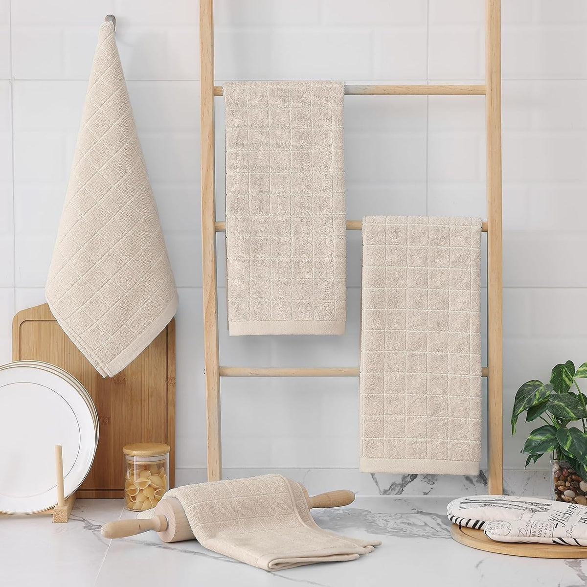 Homaxy 100% Cotton Terry Kitchen Towels, 6 Pack, Beige | Ultra Soft and Absorbent Dish Towels for Kitchen, Suitable for Drying and Washing Dishes
