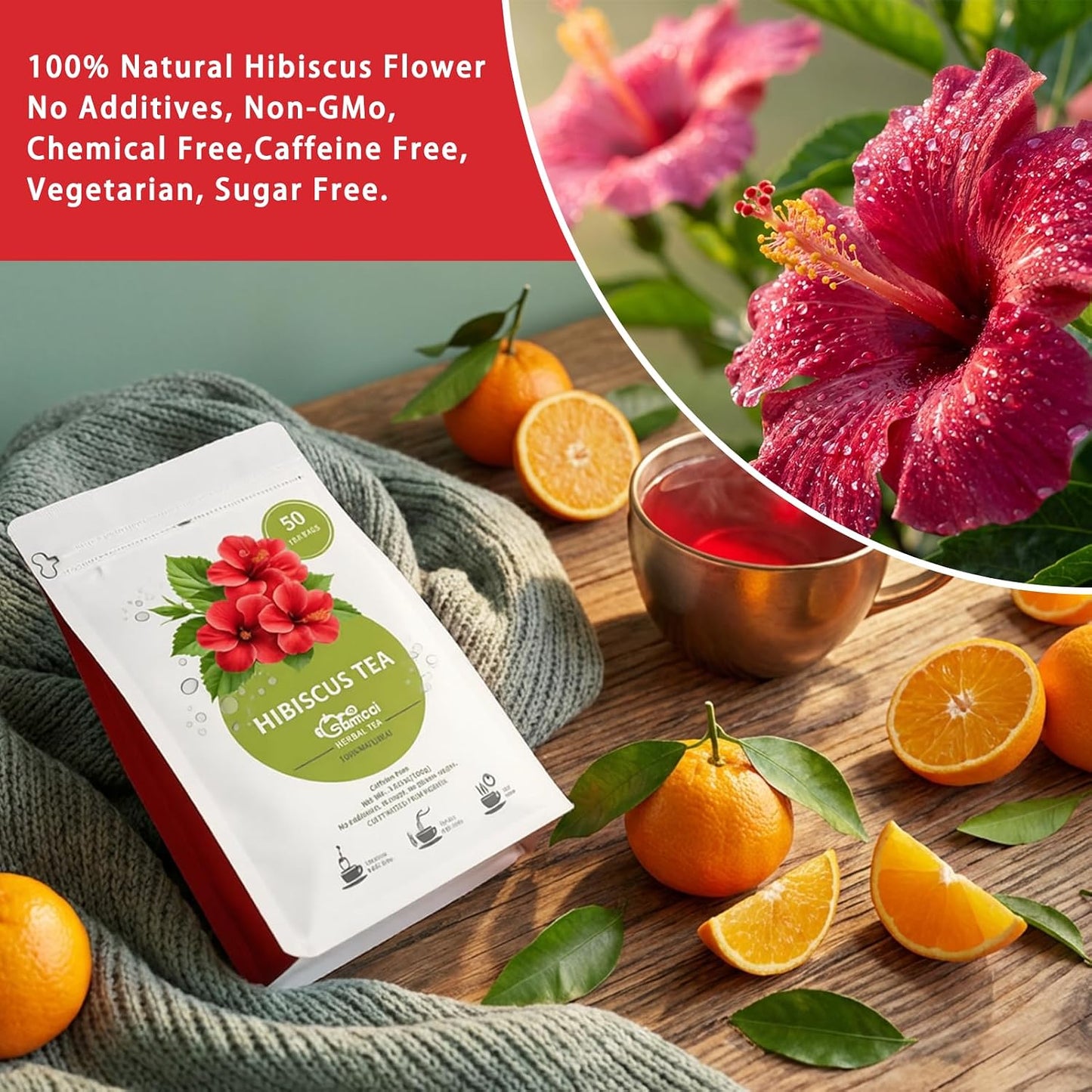 Samcci Hibiscus Tea Bags, 50 Count, Pure Dried Flor De Jamaica Flower | Hot &amp; Iced Tea, Rich in Antioxidants, Supports Digestion, 100% Natural Dried Flowers, Non-GMO, Caffeine-Free