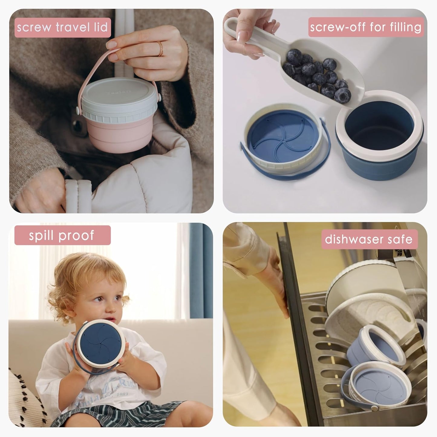 No Spill Silicone Toddler Snack Containers, Detachable Silicone Flap for Filling&amp;Cleaning, Crumb-Free Hard Plastic Screw Travel Lid, Ultra-Soft for Baby Kids Hand In-Out, Snack Cup Holder 12 oz