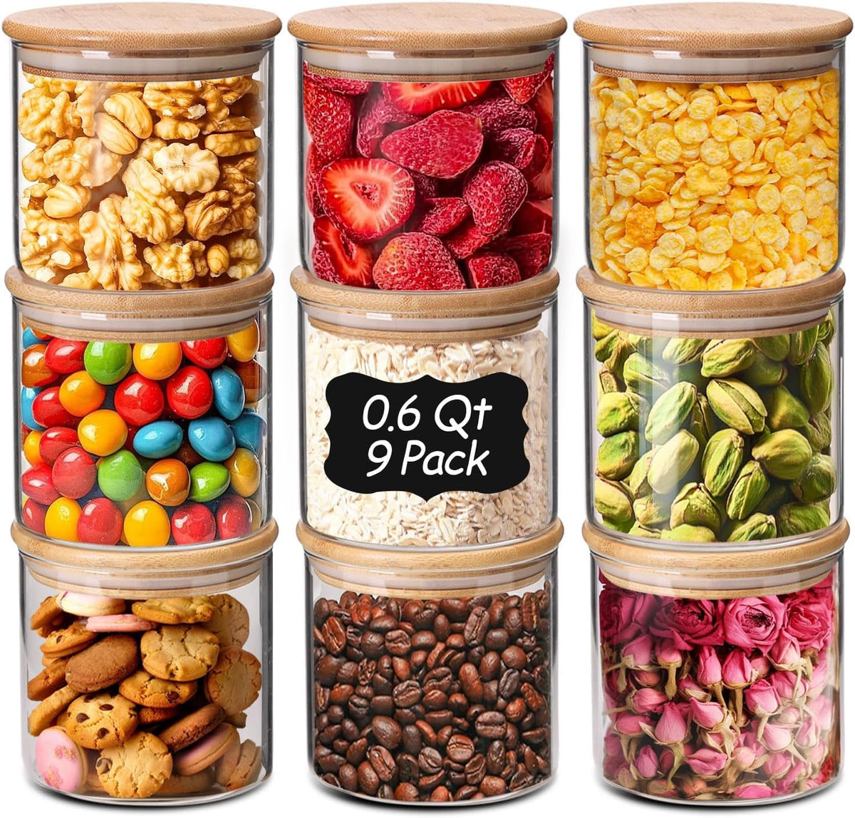 ComSaf Glass Storage Containers with Lids 0.6 Qt, 9 Pack Small Glass Jars