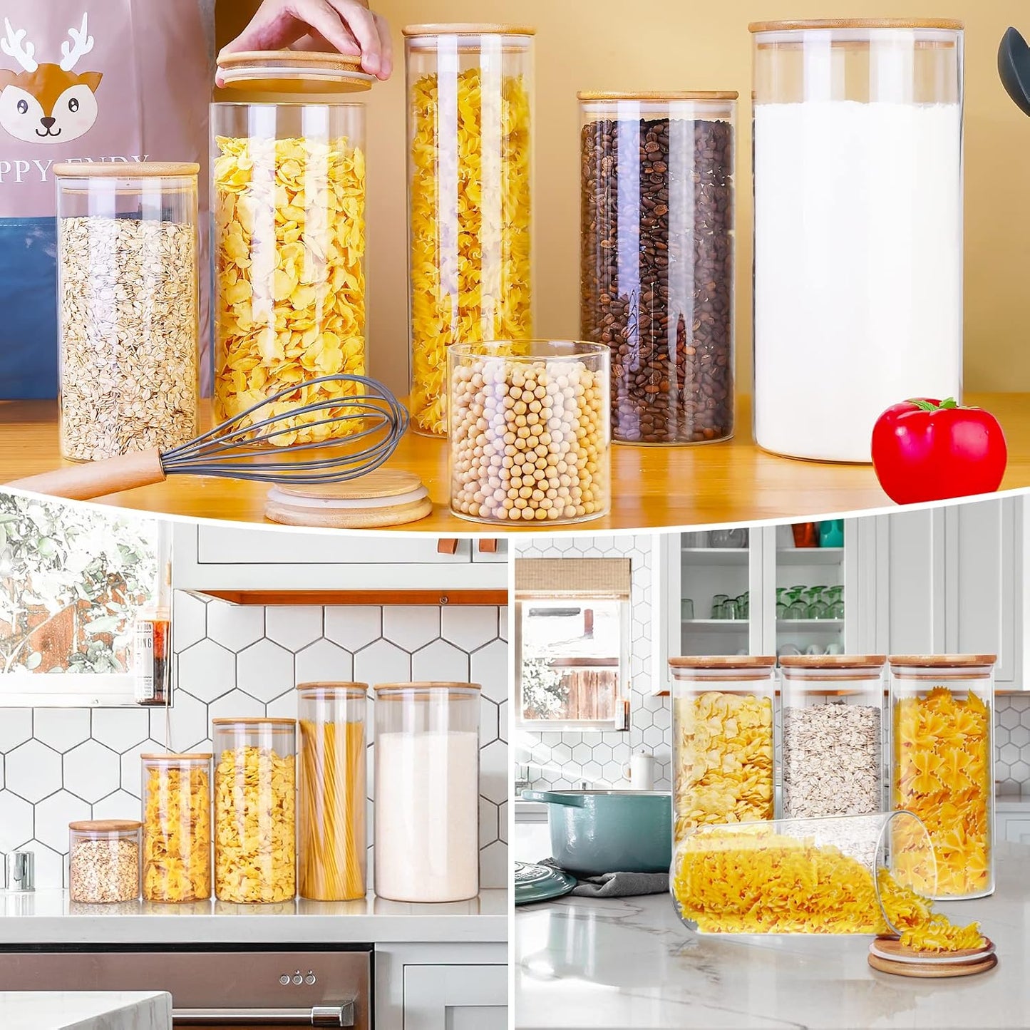 Large Glass Flour and Sugar Containers 180oz x2 & 93oz x2 [Set of 4], Glass Food Storage Containers with Bamboo Lids, Glass Jar with Airtight Lid for Spaghetti Pasta,Rice,Cereal,Coffee, Oat