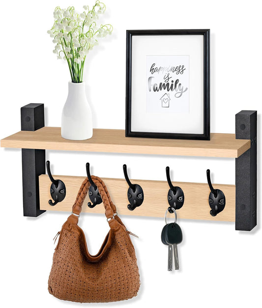 Sorbus Coat Hooks Wall Mount with Shelf – 16 Inch Coat Rack Wall Mount with 5 Heavy Duty Hooks – Floating Wall Shelf with