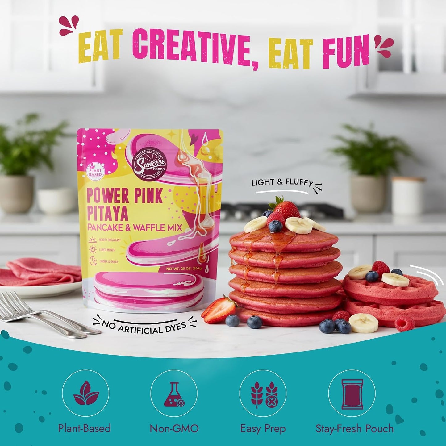 Suncore Foods Power Pink Pitaya Pancake &amp; Waffle Mix 20oz | Plant-Based | Natural Pink Color Red Dragon Fruit Pancake, Waffle &amp; Crepe Mix, Vegan, For Breakfast &amp; Desserts, Non-Dairy, Resealable Pouch