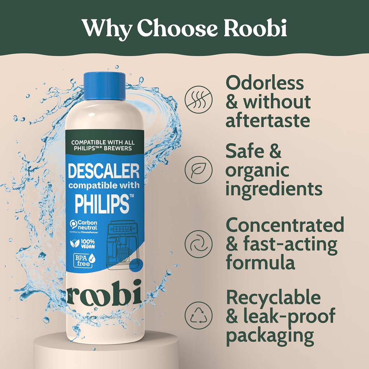 Roobi Philips Compatible Descaling Solution &amp; Cleaner, 2 Pack | Specially Formulated for Philips Espresso Machines &amp; Saeco, Carbon Neutral Descaler Kit, 2 Uses per Bottle