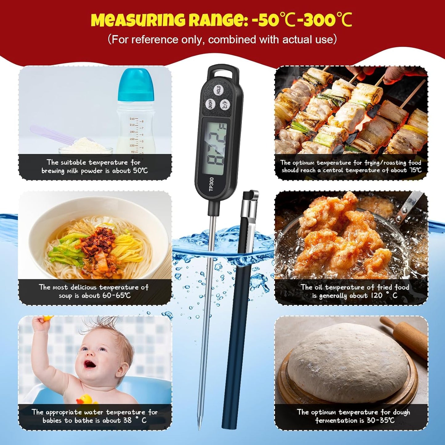 6 Pcs Food Thermometer Instant Read Probe BBQ,Black,White,Red | Meat Water Liquid Digital Waterproof Thermometer Kitchen Cooking Supplies for Cooking Milk Yogurt