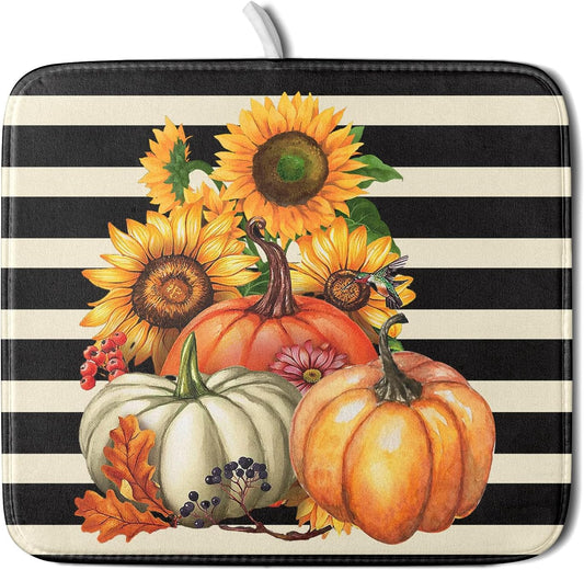 Sunflower Pumpkin Dish Drying Mat for Kitchen Counter,Black and White Stripe Drying Mat 16 x 18 Inch with Absorbent