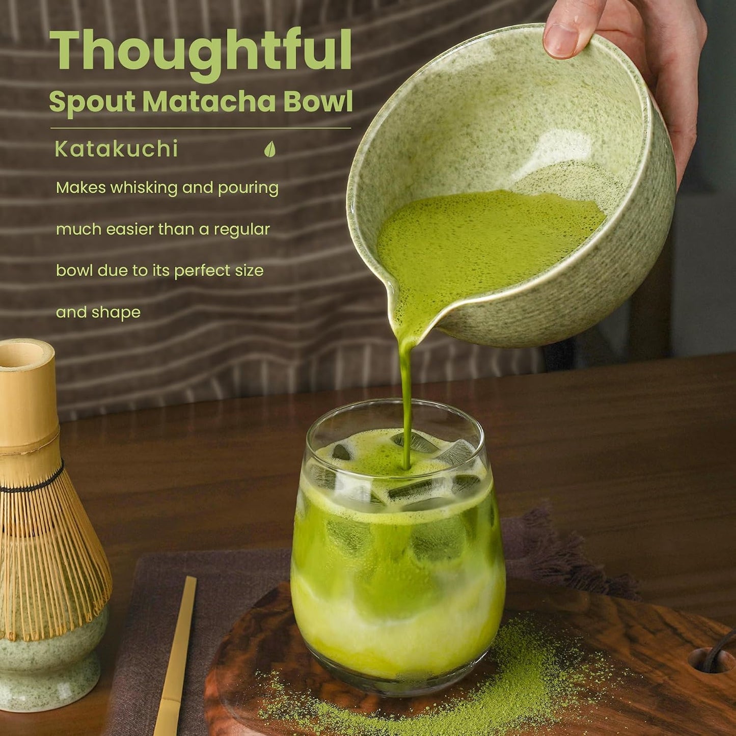 Matcha Whisk Set, Ceramic Bowl Matcha Kit &amp; Handcrafted Bamboo Chasen | Complete 5 Pcs Matcha Set Whisk and Bowl, Stainless Steel Sifter, Bamboo Scoop &amp; Holder for Matcha Lovers(Mottled Green)