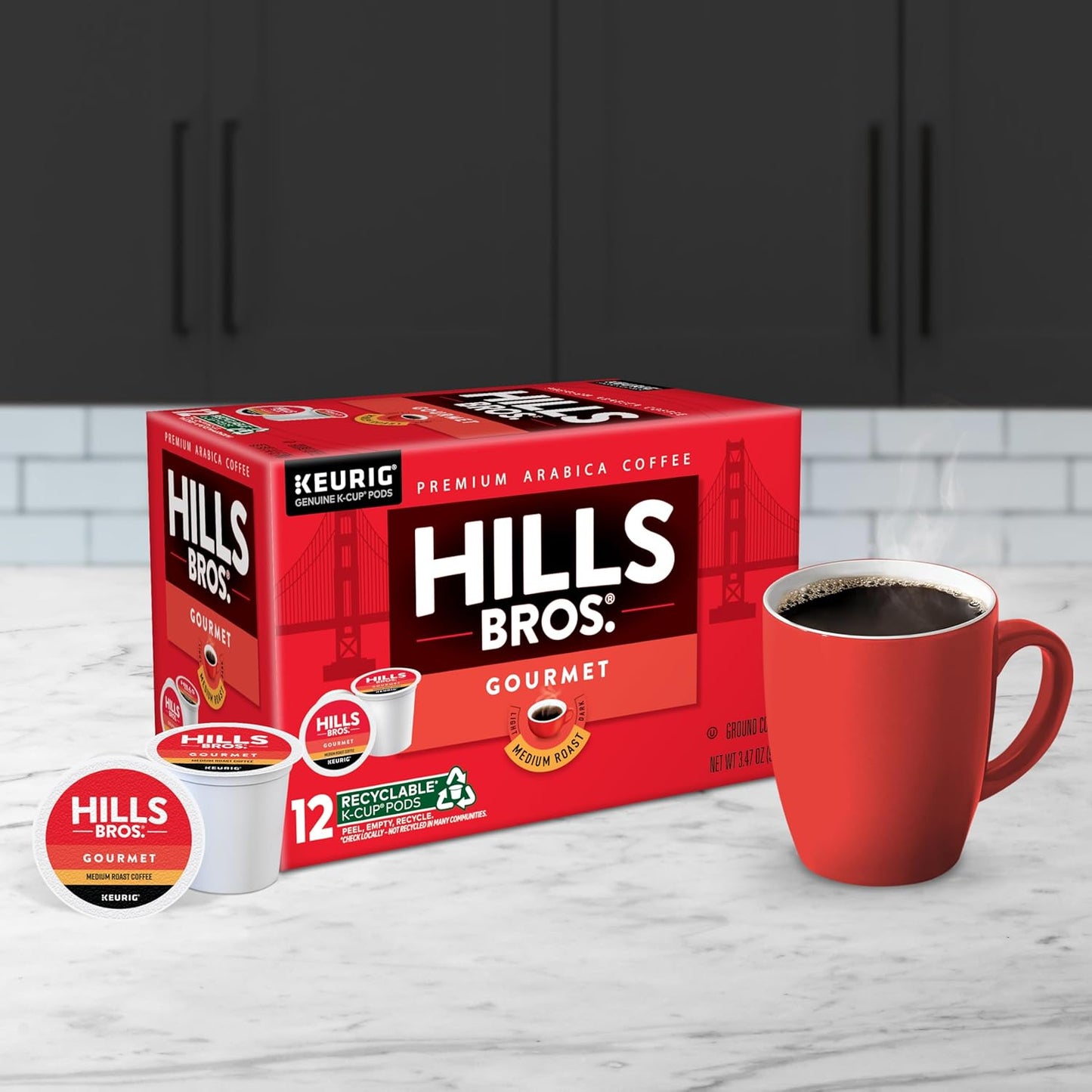 Hills Bros. Gourmet Blend Keurig K-Cup Pods for Keurig Brewers – Medium Roast Premium Arabica Blend, Kosher – 1 Pack of 12 Single Serve Pods