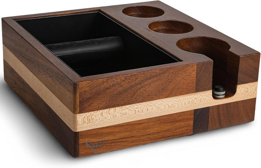 51mm Espresso Knock Box and Tamping Station – Walnut Espresso Tool Organizer with Detachable Knock Box, Tamper Holder, and Portafilter Stand – Perfect for 51mm Espresso Accessories