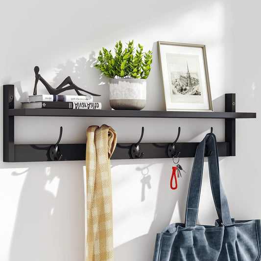 BAMEOS Wall-Mounted Shelf with Hooks - 28.9 Inch Entryway Hanging Shelf with 5 Dual Hooks for Bathroom, Living Room, Bedroom