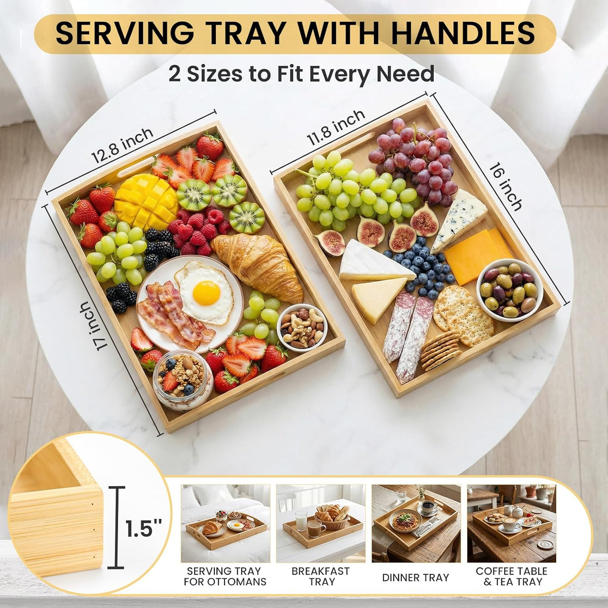 Bamboo Serving Tray Set of 2, Bamboo Trays with Handles | Decorative bamboo serving trays for serving, storage,kitchens, living rooms,bathrooms, outdoor dining 17" × 13" &amp; 16" × 12"