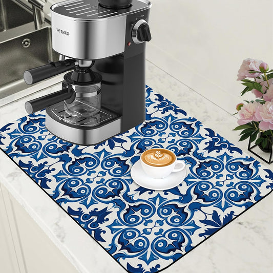 Dish Drying Mat Blue Portuguese Tiles Coffee Bar Mat for Countertop - Absorbent Rubber Backed Hide Stain Dish Drainer Rack -