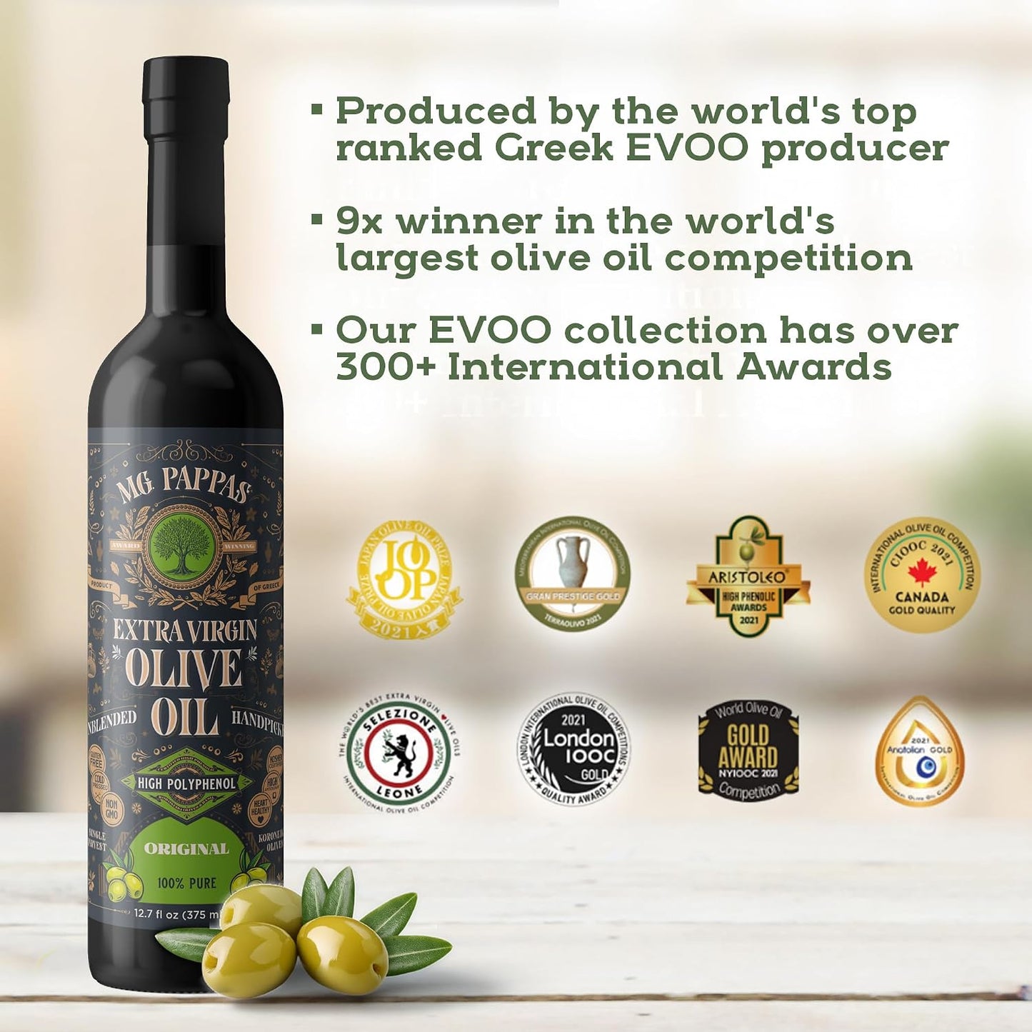 M.G. Pappas Extra Virgin Olive Oil, High Polyphenol EVOO - Cold Pressed &amp; Unfiltered Greek Olive Oil - Over 500mg/kg Polyphenols with High Hydroxytyrosol - Award-Winning Organic Quality - 12.7oz (375ml) Bottle