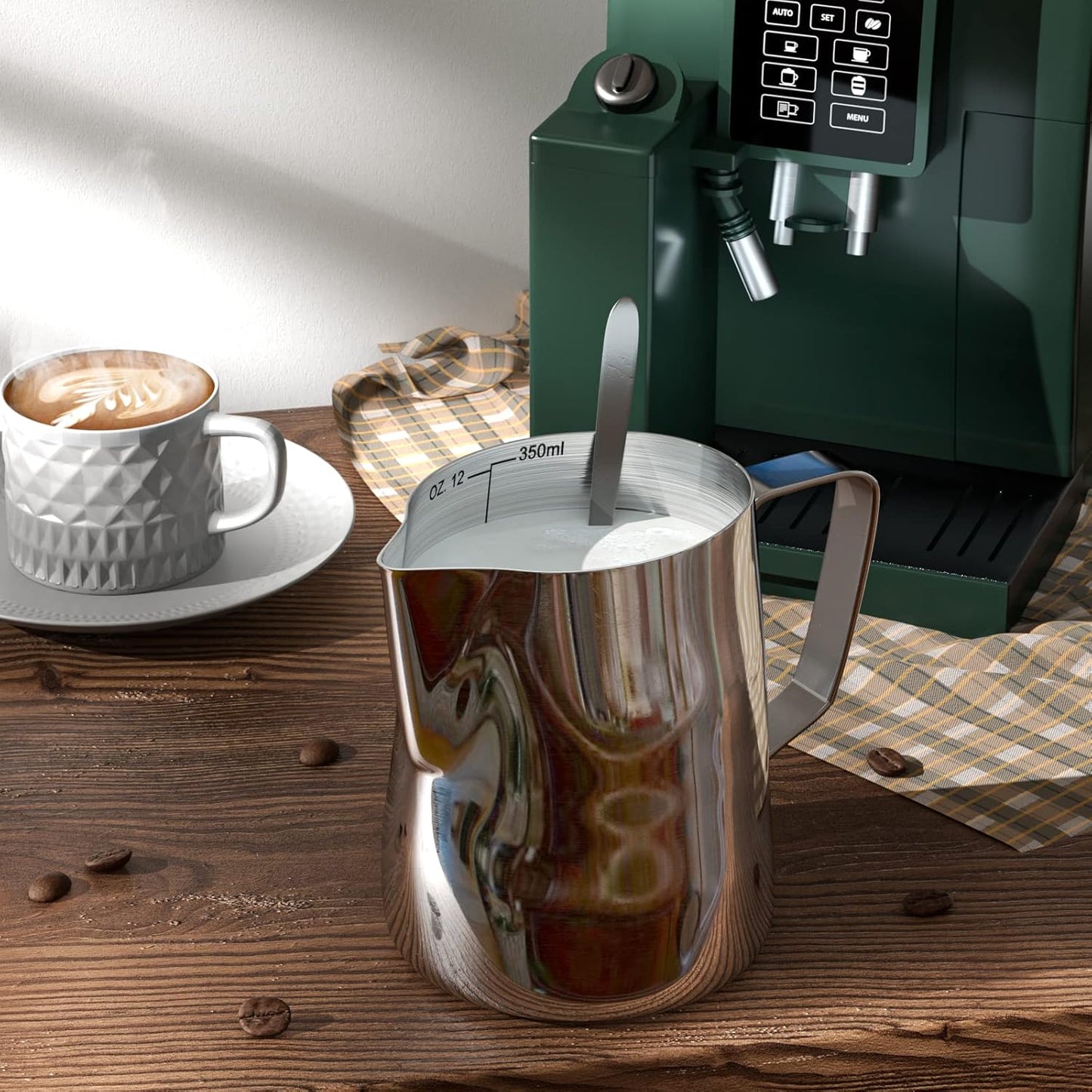 Milk Frothing Pitcher Cup, 12oz/350ML Milk Frother Cup Stainless Steel Steaming Pitcher Milk Jug Coffee Latte Art Cappuccino Espresso Machine Accessories Barista Steam Pitchers Attached Dessert Spoons