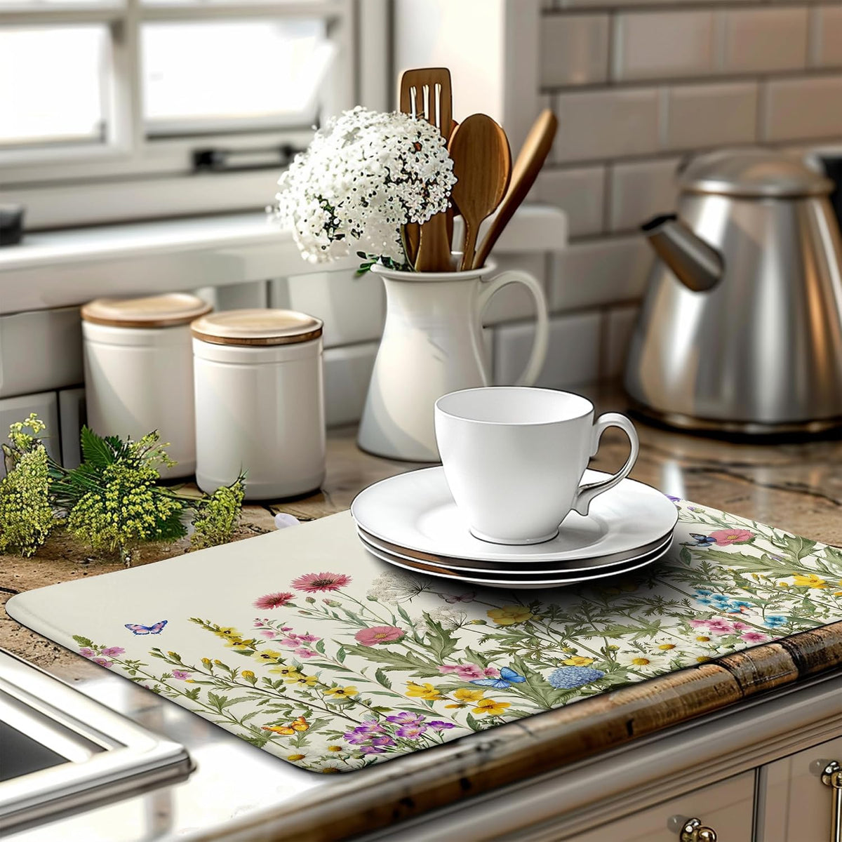 Spring Dish Drying Mat Summer Floral Flowers Kitchen Dish Drying Pad Absorbent Dish Dryer Mat for Kitchen Countertops Microfiber Dishes Drainer Pad Dish Drying Rack Mat (18x24 in)