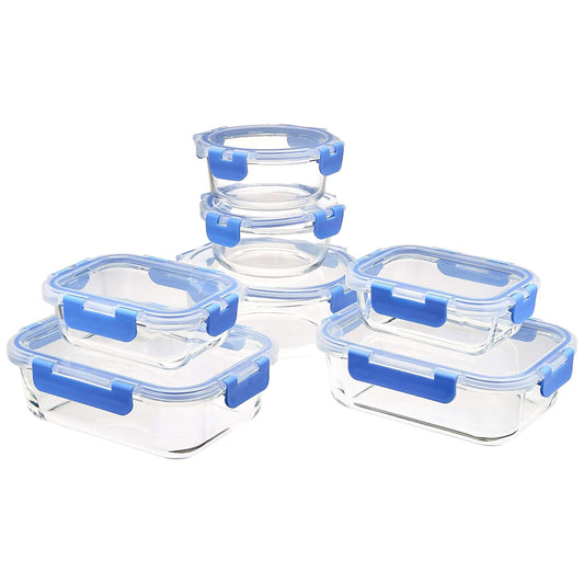 Amazon Basics Glass Food Storage Containers with Locking Lids, Set of 7, 14 pieces including lids, BPA-Free, clear with blue