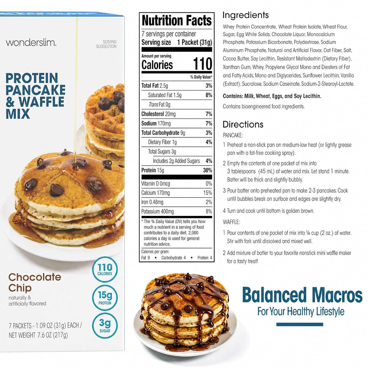 Wonderslim Protein Pancake &amp; Waffle Mix, Low Calorie, 7ct (Chocolate Chip)