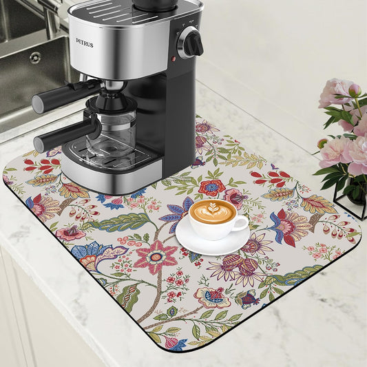 Colorful Flowers Dish Drying Mat for Kitchen Counter Bar Mat Hide Stain Absorbent Rubber Backed Coffee Maker Espresso