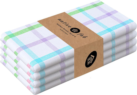 Native Fab Multi Color Checked Kitchen Towels Set of 4, 100% Cotton, 16x26 Inch Dish Cloth Set, Soft & Absorbent Tea Towels