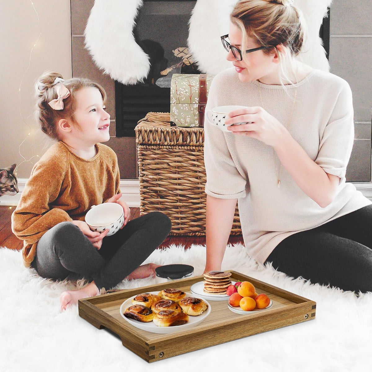 VaeFae Acacia Bed Table Tray, Wooden Breakfast Tray with Folding Legs, Bed Tray for Eating and Laptop, Eating Trays for Bedroom, (2 Pack)