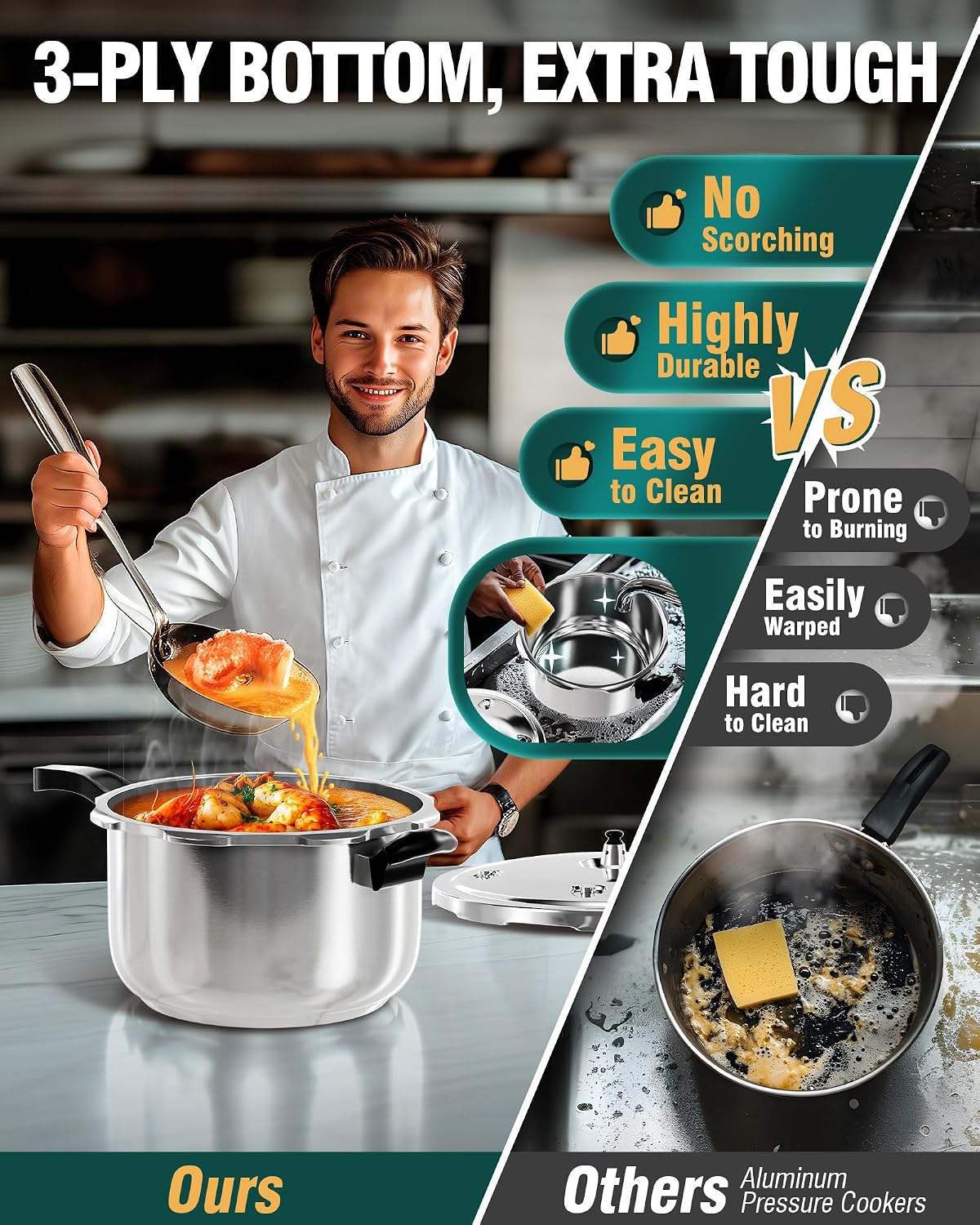 WantJoin Stainless Steel Pressure Cooker(Non-Aluminum),11 Quart Induction Compatible Pressure Cooker with Spring Valve Safeguard Devices,Compatible with Gas & Induction Cooker