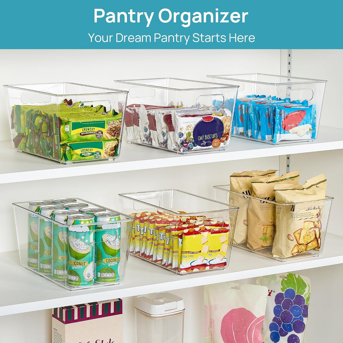 Vtopmart Clear Plastic Storage Bins, 6 PCS Pantry Organizer Bins with Handle for Refrigerator, Fridge, Cabinet, Kitchen, Countertops, Cupboard, Freezer Organization,Medium