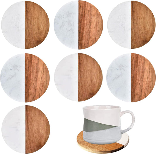 I-LAN 8Packs Round Natural Wood and Marbel Style Drink Coasters for Coffee Wooden Table, Drink Bar Coaster Set/Tea Table