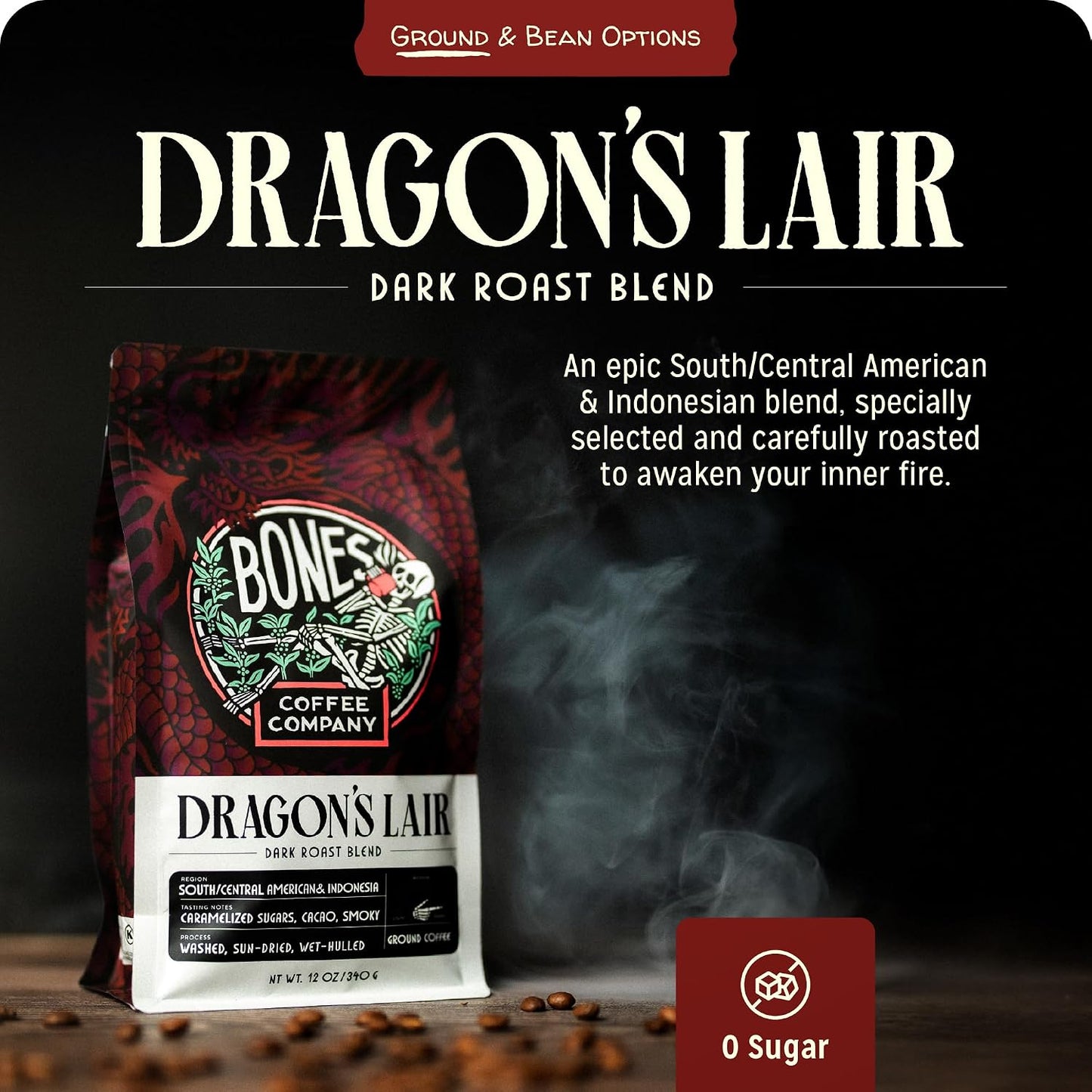 Bones Coffee Company Dragon's Lair - Dark Roast Coffee - Ground - Low-Acid Arabica Coffee Beans - South/Central America and Indonesia Grown - Unflavored - 12 Oz