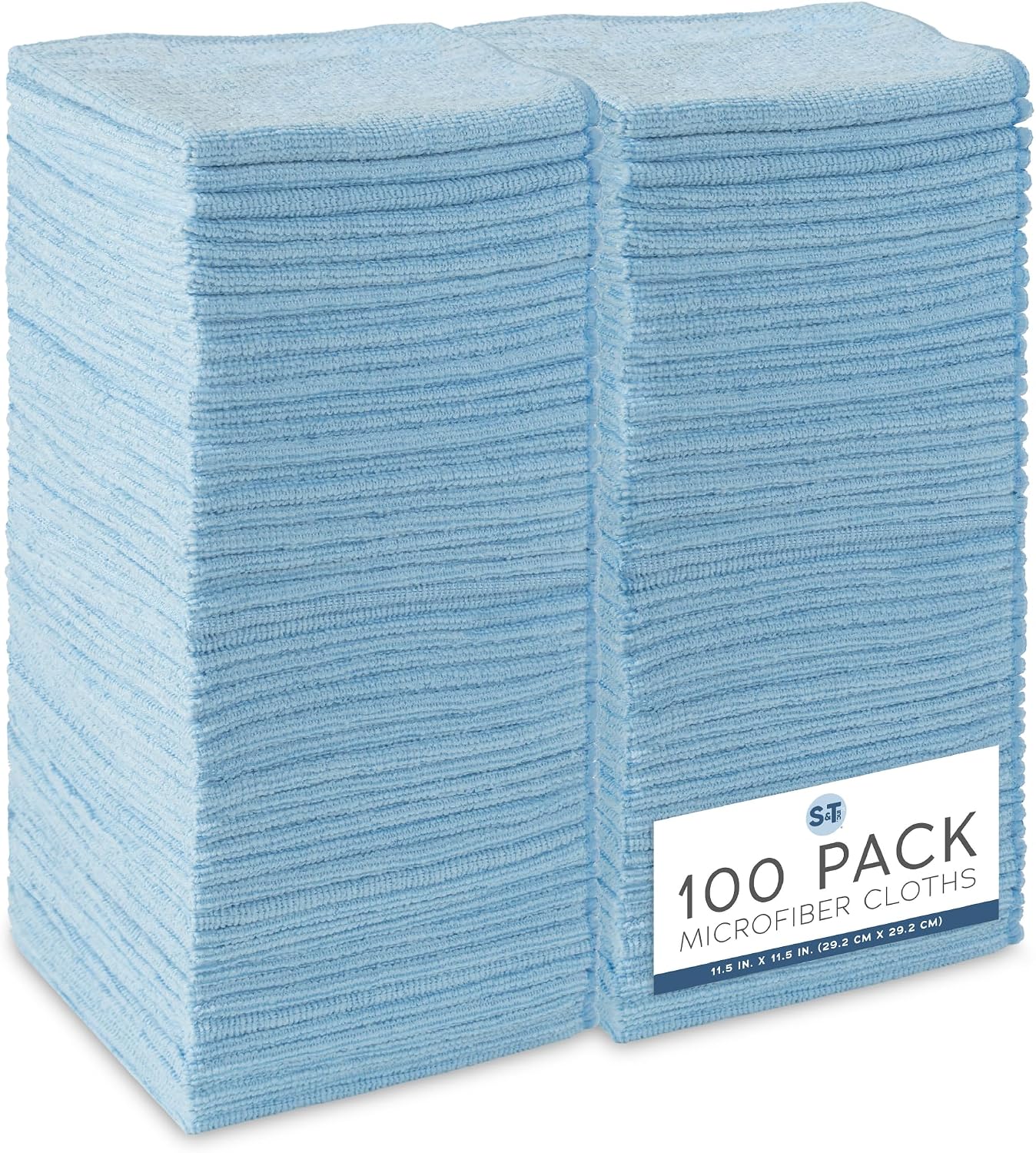 S&amp;T INC. Microfiber Cleaning Cloth, 100 Pack, 11.5" x 11.5", Light Blue