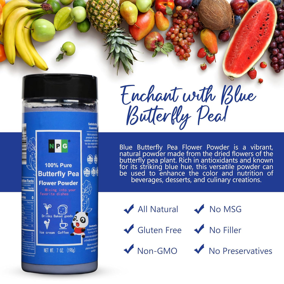 NPG Freeze Dried Blue Butterfly Pea Flower Powder 7 Oz | Natural Blue Color, perfect for lattes, tea, lemonade, smoothies, desserts and baking, caffeine free, vegan, all natural