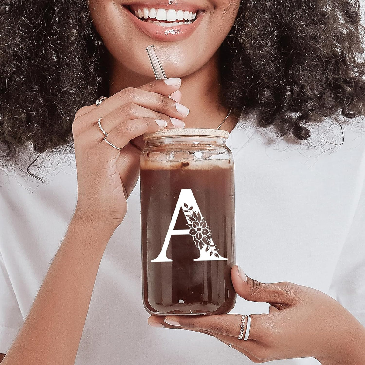 Personalized Gifts for Women, Monogrammed Glass Cups with Lids and Straws, Custom Tumbler, Cute Customized Mug, Aesthetic Stuff, Initial Iced Coffee Cup, Drinking Glasses, Birthday Teacher Gifts, G