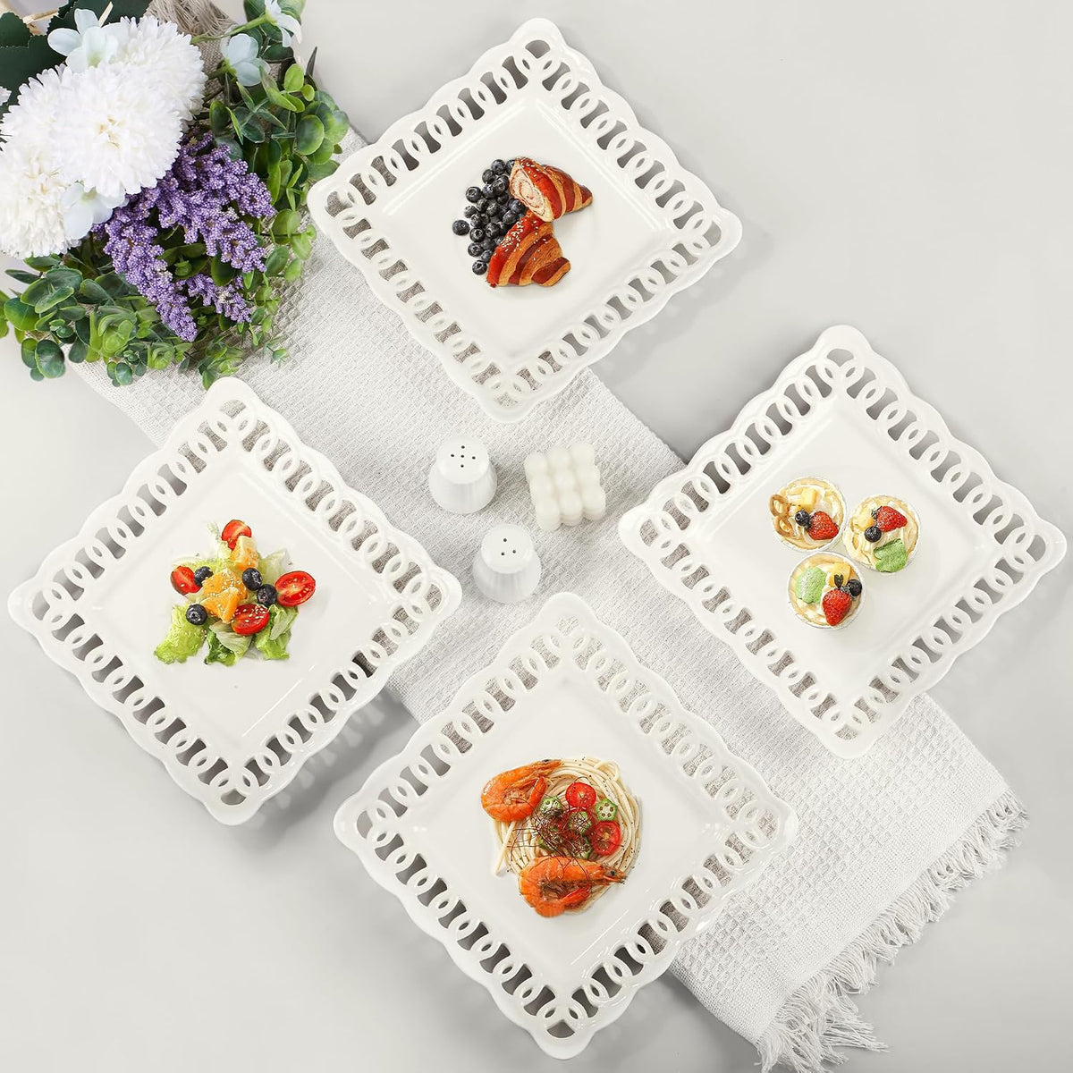 Ceramic Square Dinner Plates, 11 inch Square Serving Plate Set of 4 for Steak Pasta Salad Snacks Pizza Appetizer, New Bone Porcelain Plates with Lace Rim, Party Wedding Birthday Christmas Gift, White