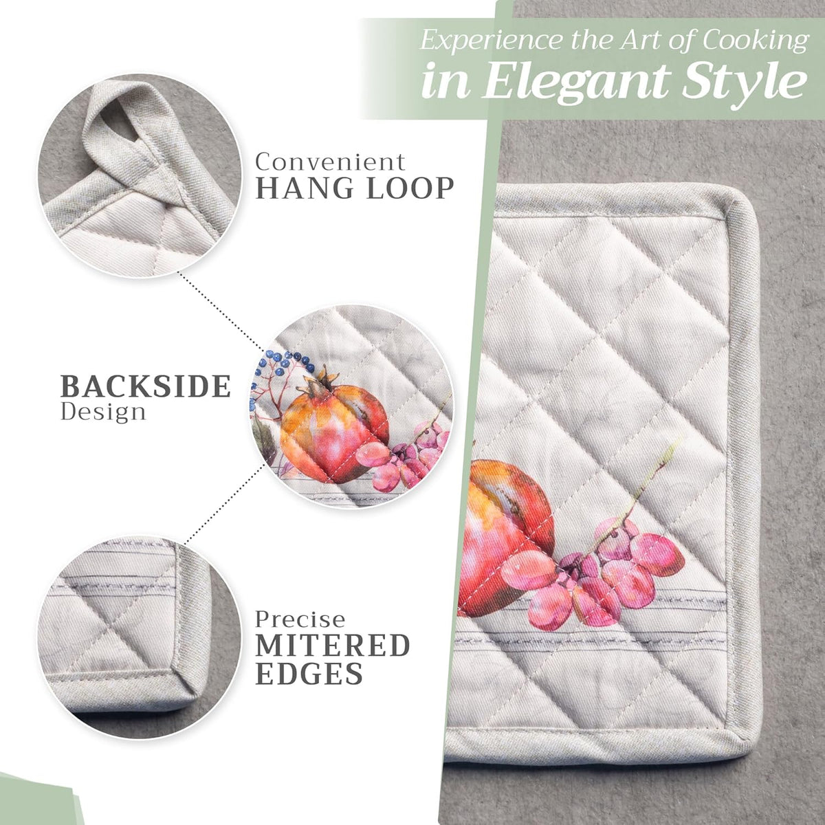 Maison d' Hermine Pot Holders Set 100% Cotton Heat Resistant Potholders 8" x 8" Hot Pads with Loop BBQ, Cooking, Baking, Grilling, Kitchen, Handling Hot Pans (Pack of 2, Fruit D'Hiver)