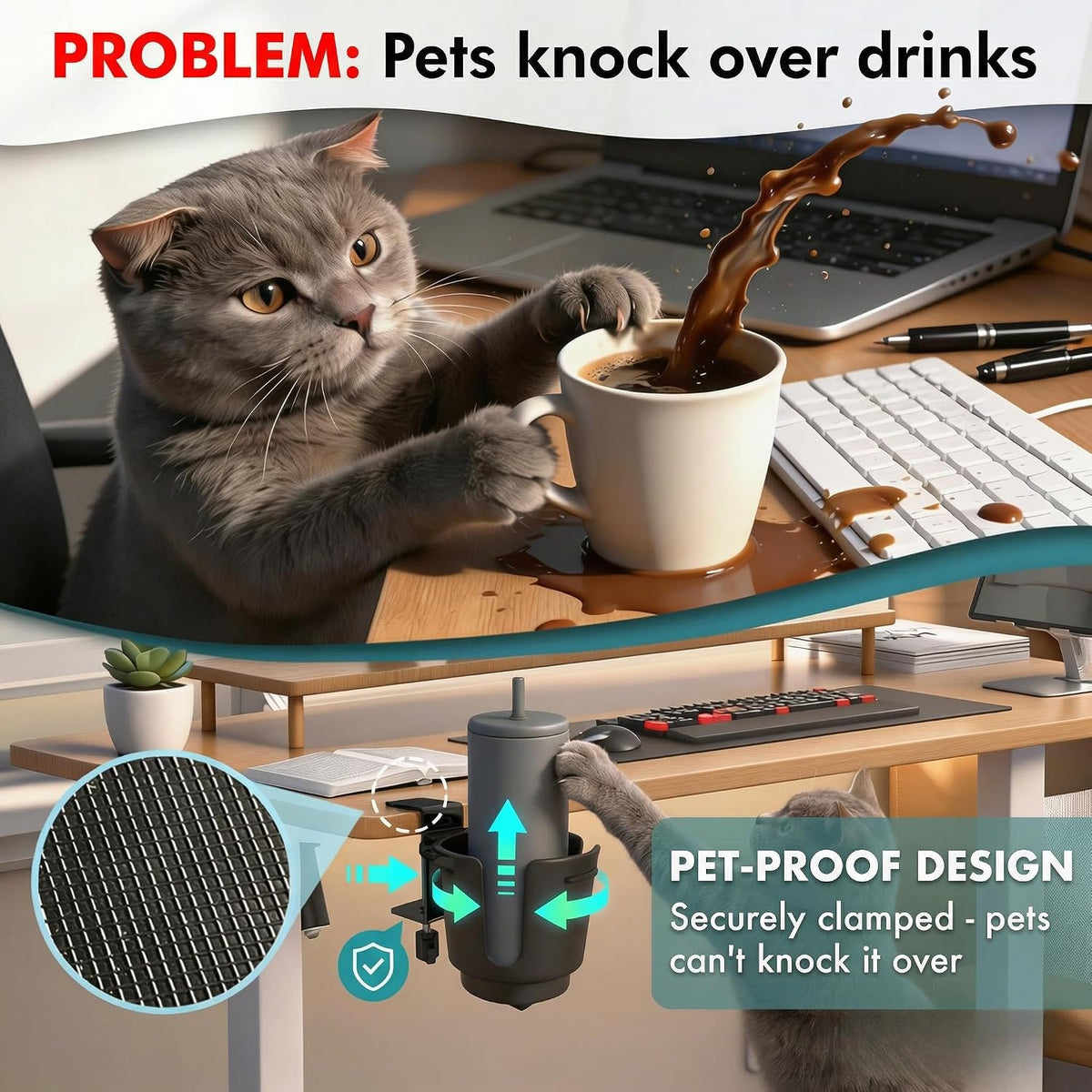 Desk Cup Holder with Metal Clamp, Clip on Cup Holder for 8-28oz Bottles