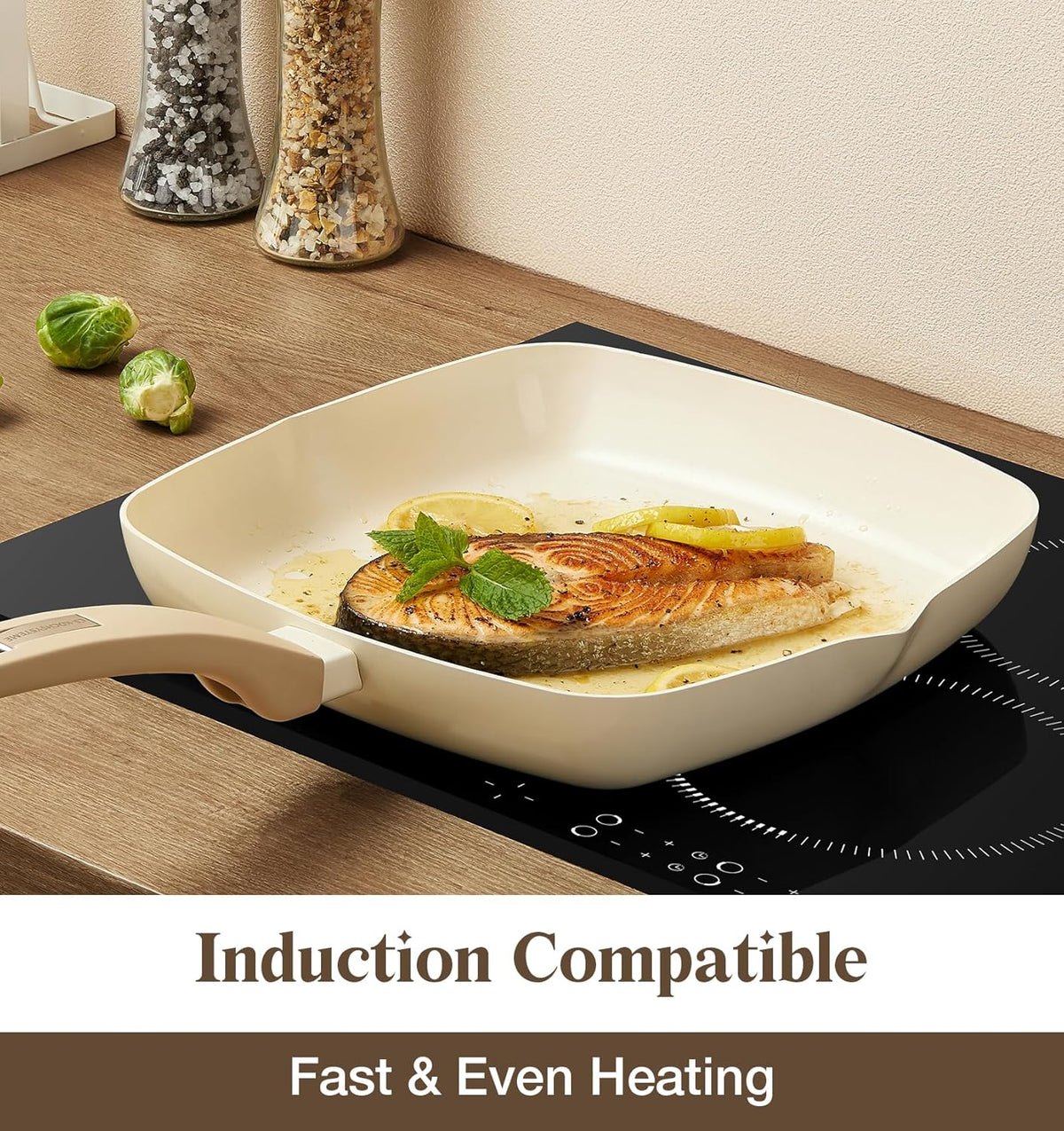 KOCH SYSTEME CS Nonstick Grill Pan for Indoor Cooking, 9.5 Inch Ceramic Square Frying Pan with Lid, Versatile Nonstick Griddle Pan for Stove Tops, Induction Compatible, Toxic-Free, Cream White