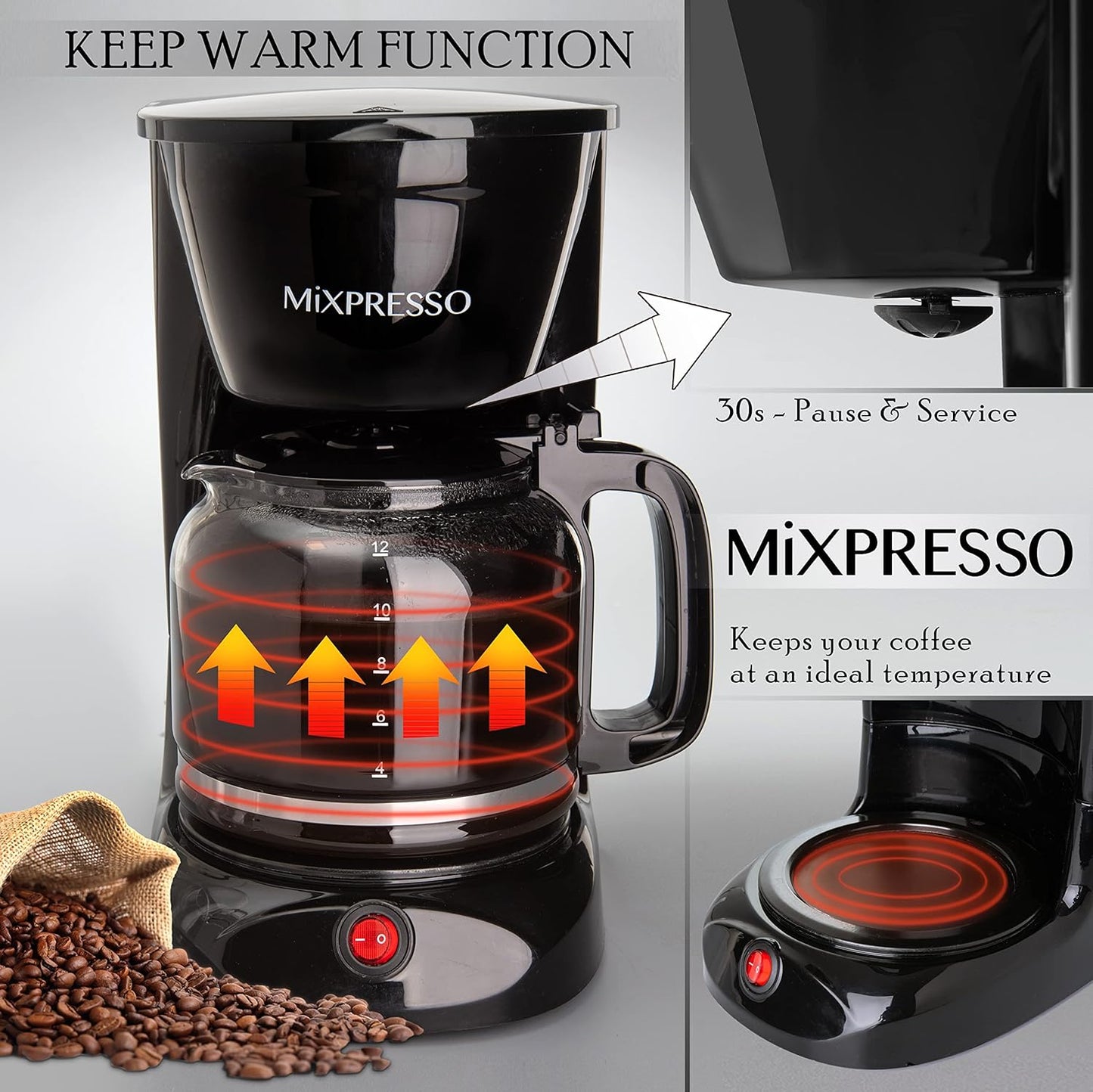 Mixpresso 12 Cup Coffee Pot, Auto-Off & Reusable Filter, Large Drip Coffee Maker 12 Cup Borosilicate Glass Carafe, Anti-Drip Coffee Machine Water Level Window, Black Electric Coffee Maker