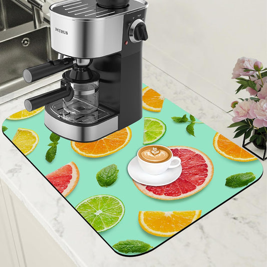 Citrus Fruits and Mint Leaves Dish Drying Mat for Kitchen Counter Hide Stain Absorbent Coffee Mat Rubber Backed Drying Rack